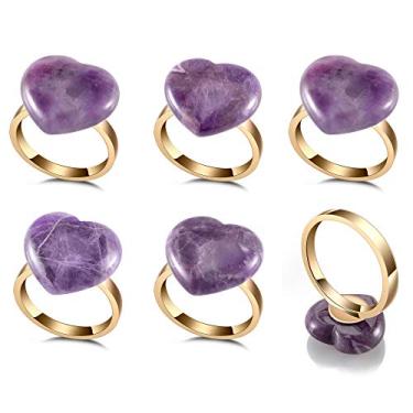 Imagem de WarmHut Conjunto De 6 Anéis Guardanapo, Elegantes Em Formato Coração Com Pedra Cristal Ametista Natural E Dourado Para Jantares Casamento No Dia Dos Namorados, Roxo