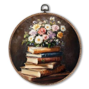 Imagem de Hxlac Moody Floral Book Round Wall Art Framed, Dark Academia Bookish Round Wall Decor, Vintage Book Hanging Canvas Print Wall Sculpture for Home Reading Nook Corner Library Decor, 25 x 25 cm
