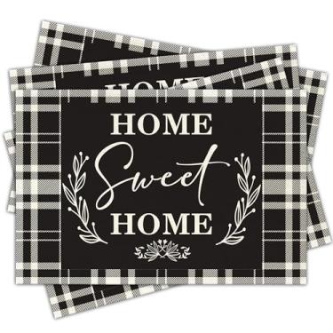 Imagem de Jogo americano Home Sweet Home, conjunto de 4, jogo americano xadrez preto e branco, tapetes laváveis resistentes ao calor, decoração para cozinha, jantar, fazenda, impressão de eucalipto, -A05