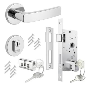 Imagem de Kit 1 Fechadura Completa Externa Soprano Pali Porta Madeira Entrada Maçaneta Roseta Redonda Contra Testa Chaves Parafusos
