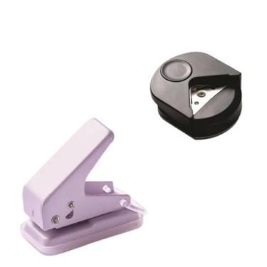 Imagem de Kit Mini Arredondador de Canto + Mini Furadorc úNico，Cortador de Papel Circular para FicháRio PortáTil Furo Redondo 6mm(1 KIT LILÁS COM PRETO)