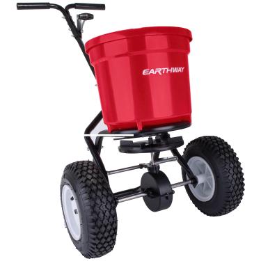 Imagem de EarthWay Espalhador de fertilizante de transmissão comercial 2150 22,7 kg (22 kg). Semeadora de jardim de empurrar vermelha e resistente com taxa de queda ajustável e alça de condução. Pneus