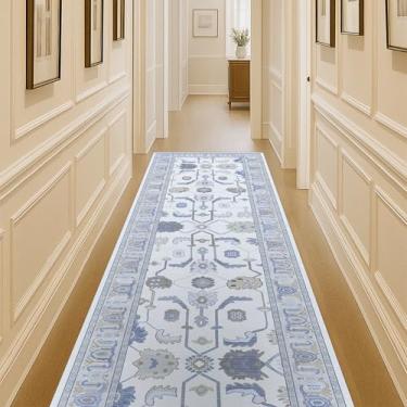Imagem de Fame Living Tapete Oushak azul creme, tapetes modernos, vintage, turco, eclético, floral, pastel, lavável, manta pequena, tapete de área de destaque para sala de estar, quarto, cozinha, banheiro, 60