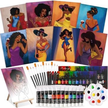 Imagem de Cholemy Kit de pintura e sorvete de 36 peças para adultos 20 x 25 cm, tela pré-desenhada para pintura, faça você mesmo, kit de pintura de casal afro, pincéis de cavalete de madeira para encontros e
