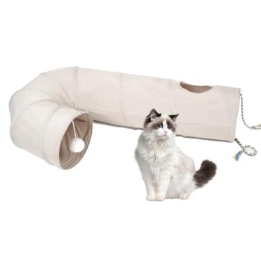 Imagem de Túnel para gatos, tubo dobrável bidirecional para gatos com orifício interativo Peek-A-Boo, bola de brinquedo e corda – Ideal para gatos, gatinhos e coelhos, bege