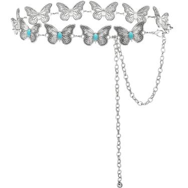 Imagem de BOSTANTEN Cinto feminino de corrente de metal ocidental para cowgirl, boêmio, turquesa, jeans, roupa de concerto country, 002-borboleta prata vintage, Length 45" (23"+extended chain 22")