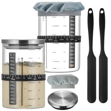 Imagem de Wissy&Konny Pote Para Fermento Natural, Pacote Com 2 Potes De 35 Oz Boca Larga Escala Onça, Faixa Alimentação Data Marcada, Termômetro, Raspador Pote, Capa Pano E Kit Tampa Aço Inoxidável