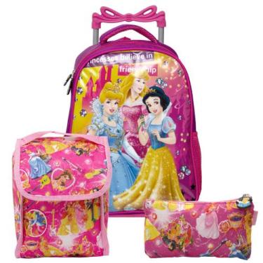 Imagem de Kit Mochila Escolar Infantil Rosa Princesas de Rodinhas