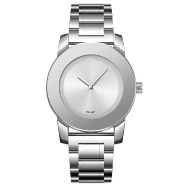 Imagem de Gosasa Relógio de pulso elegante unissex de aço inoxidável à prova d'água com detalhes de diamante – Relógio de pulso casual minimalista de luxo para homens e mulheres, Todo prata