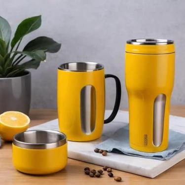 Imagem de Caneca Térmica Parede Dupla em Aço Inox Amarela 450ml com Tampa Hermética - Estilo Premium