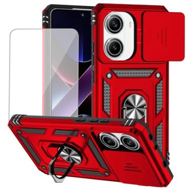 Imagem de Yodueiv Capa para Poco X7 Pro 5G com protetor de tela de vidro temperado e capa de câmera deslizante, anel magnético suporte suporte de carro capa protetora para Xiaomi Poco X7 Pro 5G vermelho