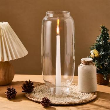 Imagem de Leinuosen Suporte de vela de vidro Hurricane transparente para vela cônica com tampa de cilindro à prova de vento 13,2 polegadas peça central decoração de mesa para festa de aniversário de casamento