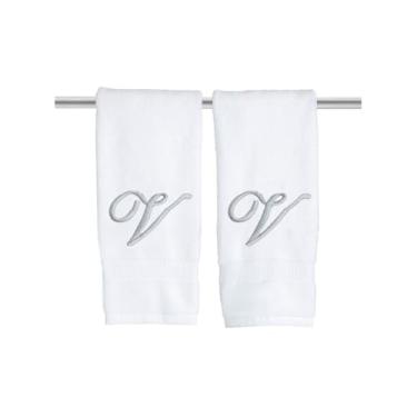 Imagem de Toalhas de mão brancas com monograma para banheiro - Toalha bordada inicial personalizada de qualidade de hotel de luxo para lavabo, spa - Certificado orgânico GOTS - Conjunto de 2 prata letra V