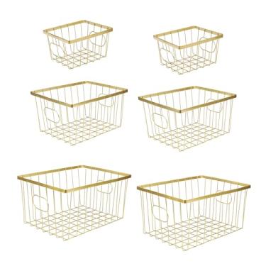 Imagem de happimess BSK3001D-6SET Camden Cestas de armazenamento vintage de arame industrial para prateleiras, armários, despensa, bancada, cesta de malha aberta para organizar alimentos, ouro (conjunto de 6)