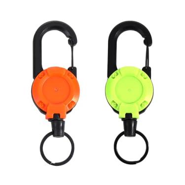 Imagem de Pacote com 2 chaveiros retráteis, resistentes, táticos, porta-crachás, carretel, mosquetão com cordão retrátil de aço de 59,9 cm (laranja-verde)