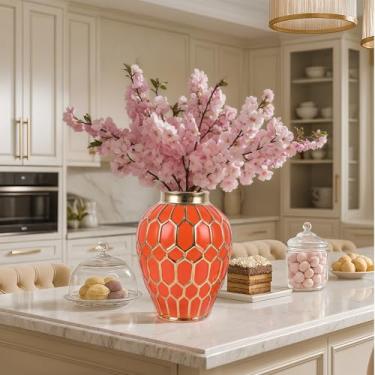Imagem de Vaso de gengibre, potes de gengibre de porcelana dourada laranja para decoração de casa, centros de mesa de jantar modernos e exclusivos de meados do século - Vaso decorativo com tampa para sala de