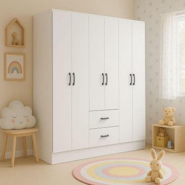 Imagem de Guarda-roupa Infantil 6 Portas 2 Gavetas 8 Prateleiras 1 Cabideiro Califórnia Branco