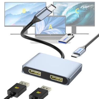 Imagem de Divisor DisplayPort para monitores duplos, adaptador USB-C para DisplayPort 4K @60Hz, estação de ancoragem tipo C para Dell/HP/Mac, hub MST com USB 3.0/PD, divisor de porta de exibição para monitores