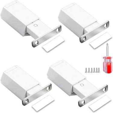 Imagem de Conjunto de 4 travas magnéticas para armário com trava e trava magnética para uso pesado para gaveta de porta oculta, ponta de liberação de empurrar para encaixe forte, branco