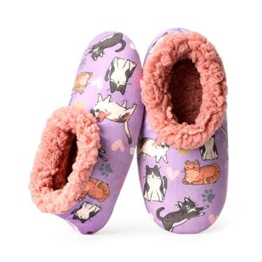 Imagem de cosyone1997 Pantufas femininas antiderrapantes para uso interno, meias felpudas com aderência, sapatos quentes de inverno, presentes aconchegantes para mulheres, Gato rosa, 7-8