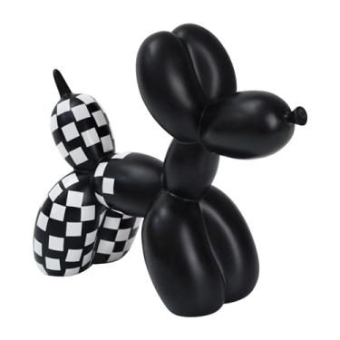 Imagem de Notakia Estátua de cachorro de balão xadrez preto e branco para sala de estar, decoração de mesa, decoração de prateleira pequena moderna feita à mão, ornamento de estátua de animal, decoração de