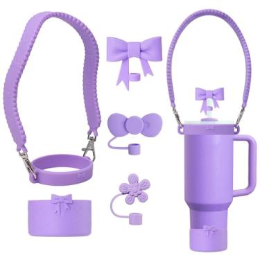 Imagem de SEEZIZI Conjunto de acessórios de laço de silicone Stanley Cup, incluindo alça de alça de garrafa de água, capas de palha fofas reutilizáveis e botas, compatível com Stanley 1,134 g e copo de 850 g