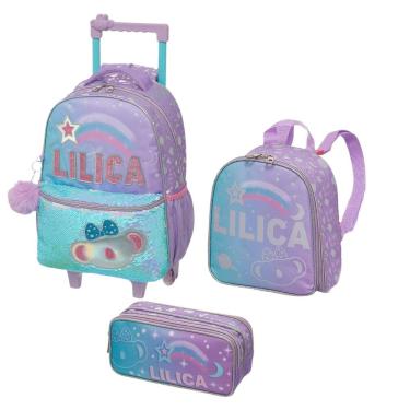 Imagem de KIT ESCOLAR Mochila Carrinho Lancheira Estojo LILICA RIPILICA LILÁS