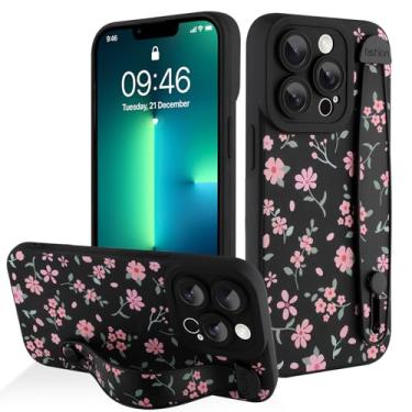 Imagem de AIGOMARA Capa para iPhone 13 Pro com alça para mulheres e meninas, linda estampa floral rosa, capa protetora de silicone com suporte de faixa macia, preta