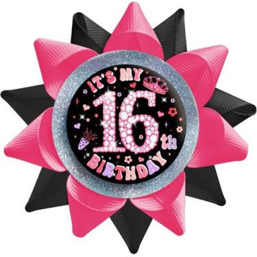 Imagem de SKJIAYEE Pinos de botões It's My 16th Birthday para meninas feitos à mão (9,7 x 9,7 cm), fita de gorgorão preto rosa crachá de folha de flandres para mulheres 16º aniversário decorações suprimentos