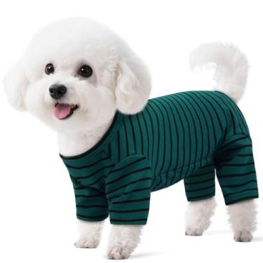 Imagem de LETSQK Pijama listrado para cães – Pijamas para cães pequenos a grandes, terno de lã que cai, elástico e lavável na máquina, corte de barriga para machos, ótimo para cirurgia e clima frio, verde P