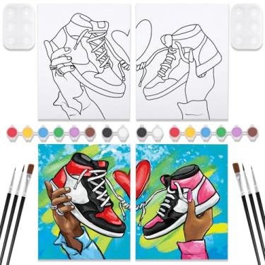 Imagem de VOCHIC Pacote com 2 kits de pintura para casais para festas em tela pré-desenhada para adultos, kit de pintura e sorvete para encontros noturnos para pintura de casais (30 x 40 cm, tênis)