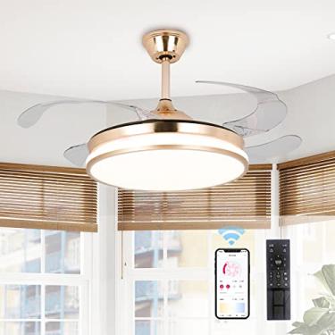 Imagem de STERREN Ventilador de teto retrátil dourado com luzes, ventilador de teto de LED sem lâminas moderno de 106.7 cm para quarto e sala de estar