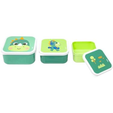 Imagem de Conjunto de 3 Potes para Lanche Infantil, Tema Zoo, com Tampa e Talheres, Resistente, Buba (Dinossauro)