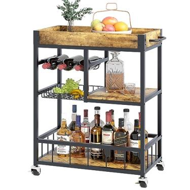 Imagem de aboxoo Carrinho de Bar Copo de Vinho 3 com Cesta, Rack de Rolamento Doméstico com Rodas, Cozinha Móvel, Estilo Vintage Industrial, Madeira, Metal, Carrinho de Servir, Suporte de Vidro, Armário de Bar