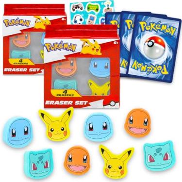 Imagem de Pokemon Material escolar para crianças – Pacote com 8 borrachas Pokemon com adesivos Pikachu, Squirtle, Charmander Plus e cartões Pokemon | Borrachas Pokemon Bulk para crianças