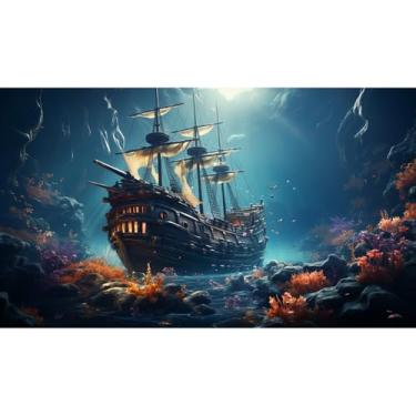 Imagem de Fundo de aquário de navio afundado sob o mar naufrágio pirata fundo tanque de peixes recifes de coral tropical paisagem fundo terrário mar tropical vida marinha tanque de aquário papel de parede 91 x