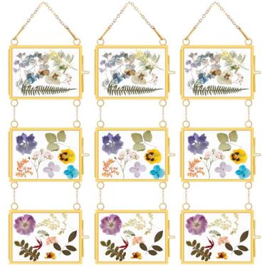 Imagem de Kenning 3 porta-retratos de latão para pendurar na parede, 3,5 x 6,5 cm, triplamente vertical, vidro duplo, moldura flutuante para pendurar em vidro prensado com corrente para galeria de Natal, arte