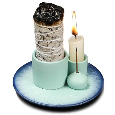 Imagem de Incenso de cerâmica multifuncional 4 em 1 e suporte de vela com bandeja coletora de cinzas, adequado para queimar sálvia branca, palitos Palo Santo (azul celeste)