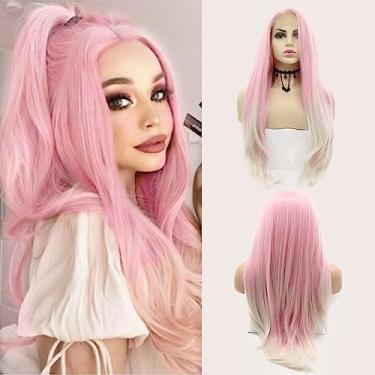 Imagem de Perucas rosa para mulheres loiras bebê rosa perucas frontais longas encaracoladas macias realistas linha do cabelo pêssego natural ondulado peruca artesanal sem cola fibra sintética resistente ao