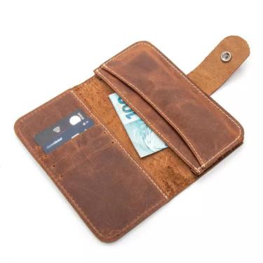 Imagem de Carteira Masculina Compacta Em Couro Com Botão De Pressão Crazy Horse Caramelo