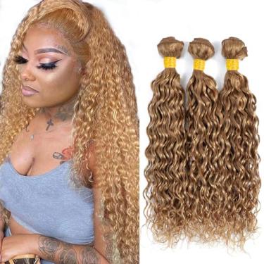 Imagem de Feixes de cabelo humano loiro mel cor 27 ondas de água 3 mechas 18 20 56 cm trama dupla loiro onda de água cabelo humano trançado brasileiro virgem Remy extensões de cabelo
