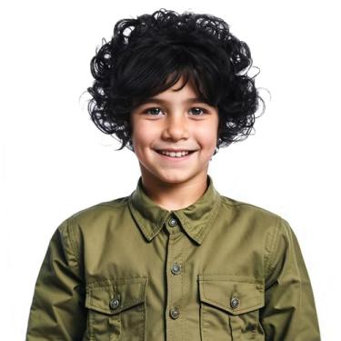 Imagem de Edivd Peruca preta para crianças, meninos, curta, preta, encaracolada, ondulada, cabelo sintético resistente ao calor com touca