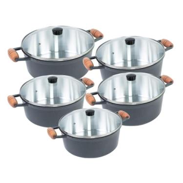 Imagem de Jogo de Panelas 5 Peças Cava Alumínio Fundido Grafite Alça de Madeira e Tampas de Vidro