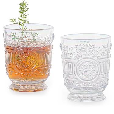 Imagem de Sungmor Conjunto de 2 copos vintage em relevo - Copos de copo arco-íris transparentes, copos decorativos de 293 ml para coquetéis, água ou suco - Vidro estilo barroco antigo