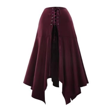 Imagem de Saia vitoriana Steampunk para mulheres - Design de espartilho com cadarço de cintura alta, saia maxi gótica renascentista irregular com tiras, Borgonha, Tamanho Único