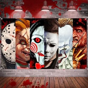 Imagem de Decoração de festa de terror de Halloween, pano de fundo clássico de personagem de filme de terror, 17 x 9 m, faixa de aniversário de terror para decoração de crianças, adultos, adereços de cabine de