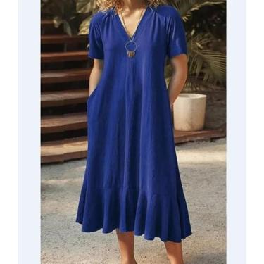 Imagem de Vestido Longo Feminino Em Algodão E Linho Com Decote Em V E Mangas Cur