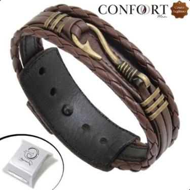 Imagem de Pulseira Ajustável De Couro Marrom Masculina Anzol Pescaria Ouro Velho Preto-Unissex