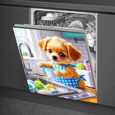 Imagem de HOMETITUTE Capa magnética para lava-louças 58 x 66 cm fofa e fofa para filhotes de cachorro com olhos grandes em avental azul capa magnética para lava-louças para decoração de utensílios de cozinha