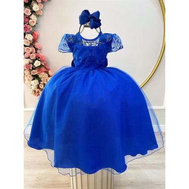 Imagem de Vestido Infantil Azul Royal Longo com Busto de Renda Luxo - Tamanho P,
